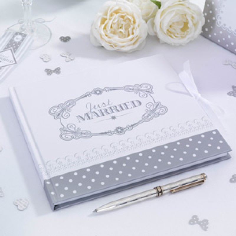 Vintage Guest Book With Polka Dots - White & Silver Vintage Guest Book With Polka Dots - White & Silver