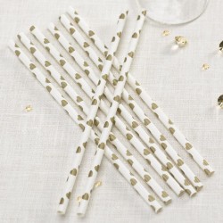 Χάρτινα Καλαμάκια - Ιβουάρ Με Χρυσές Καρδιές (25τμχ)