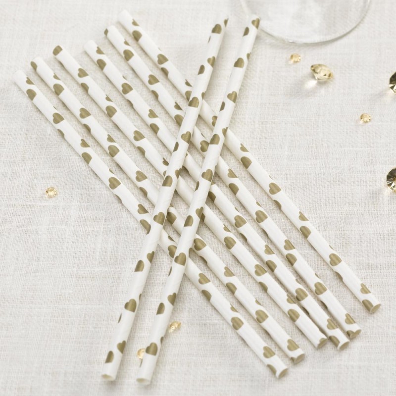 Χάρτινα Καλαμάκια - Ιβουάρ Με Χρυσές Καρδιές (25τμχ)