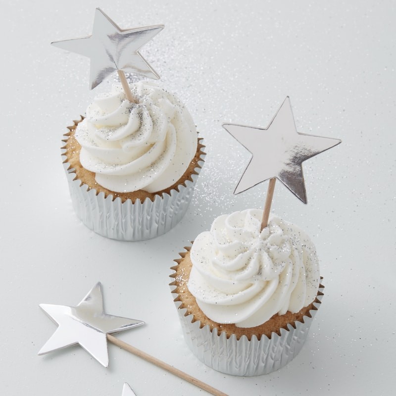 Cupcake Toppers Ασημένια Αστεράκια - 10τμχ